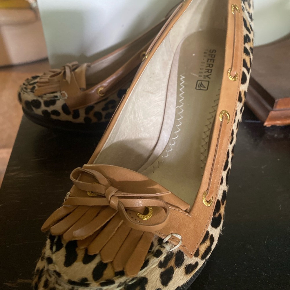 Sperry Cheetah Leopard Calf-Hair Kiltie Wedge with Tan Trim
